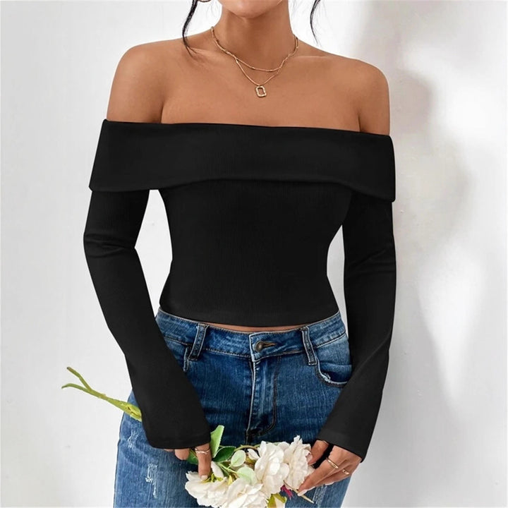 Ladies Off-shoulder top with long sleeves and fine ribbed texture Lune London