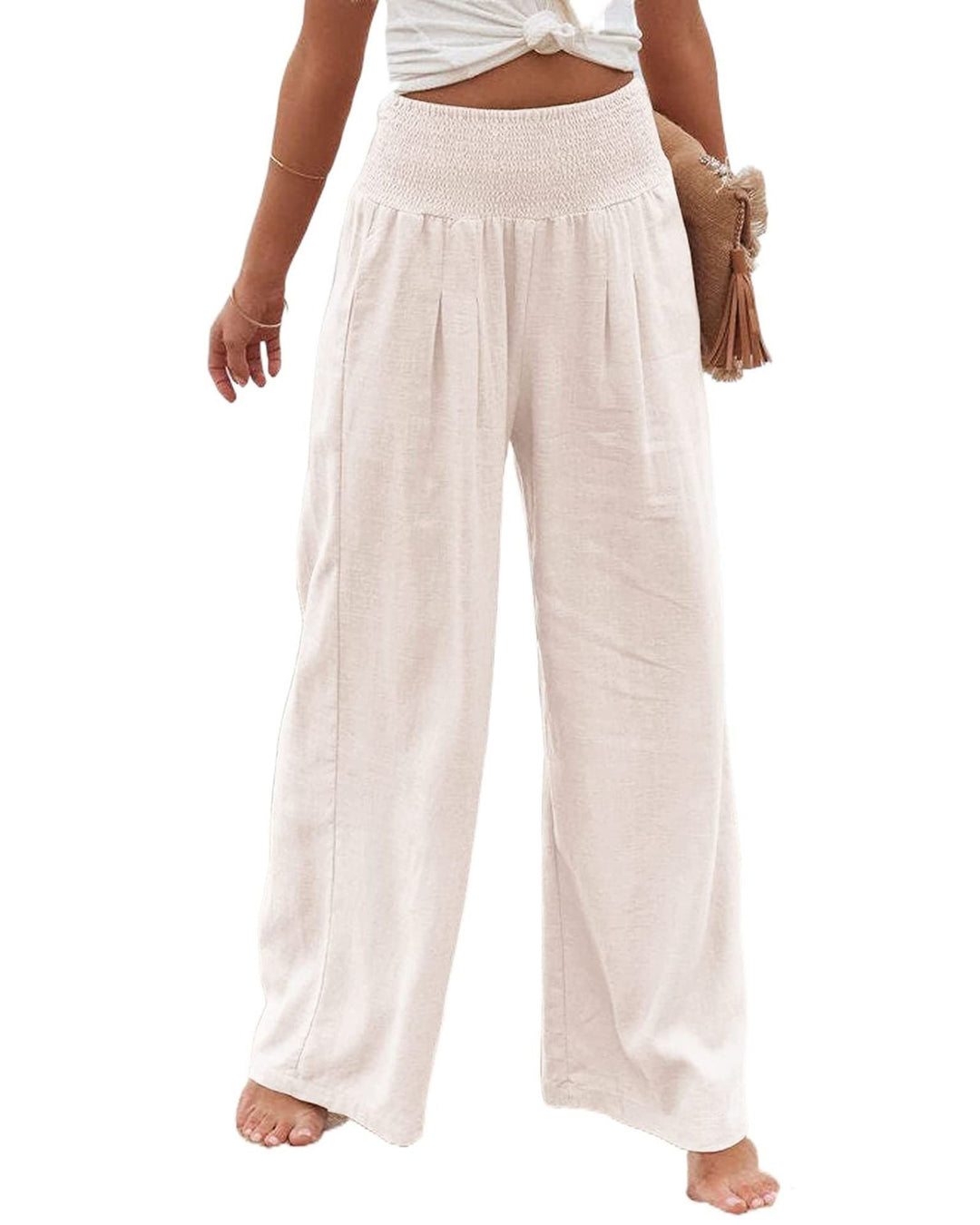 Women's Wide Linen Trousers with Elastic Waistband and Pleats Lune London