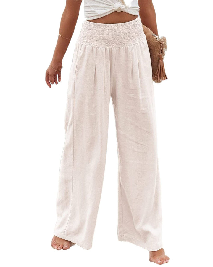 Women's Wide Linen Trousers with Elastic Waistband and Pleats Lune London