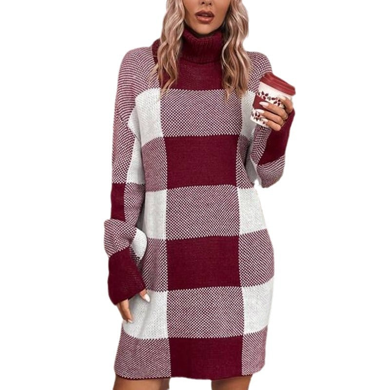 Women's knitted dress with high collar and checkered pattern Lune London