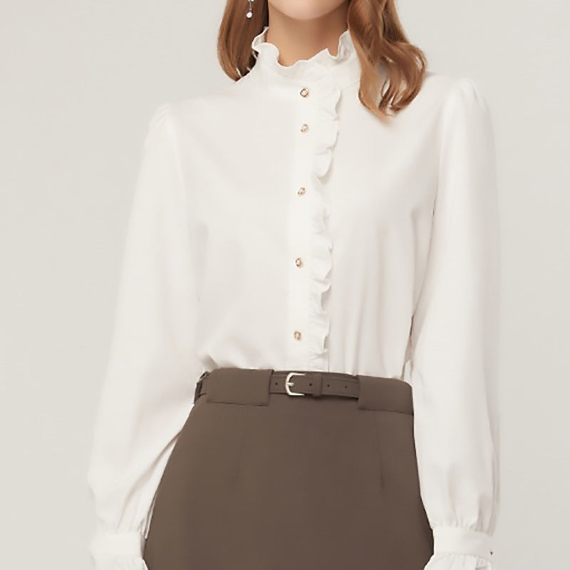 Button-up blouse with gathered high collar for women Lune London