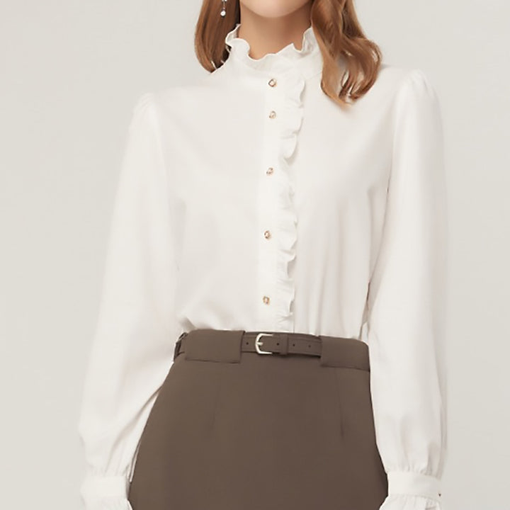 Button-up blouse with gathered high collar for women Lune London