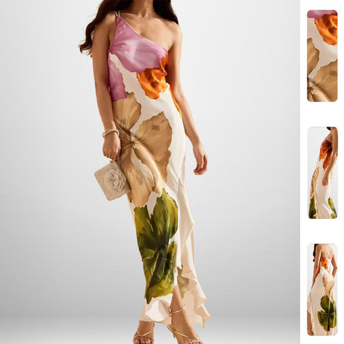 Robe maxi pour dames avec motif floral et décolleté asymétrique Chic & Stil