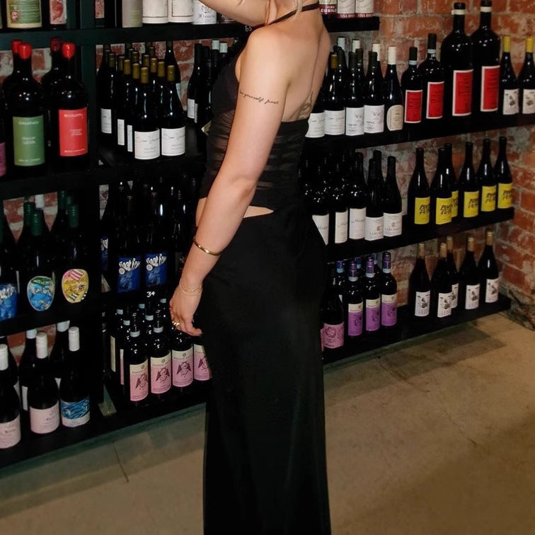 Ladies Elegant Maxi Dress with Off-Shoulder Design and Sheer Inserts Lune London