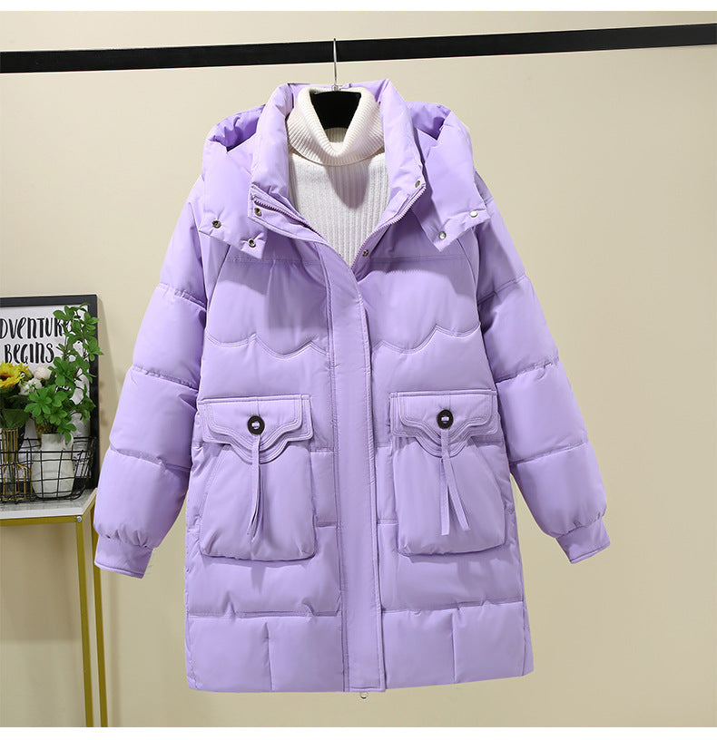 Ladies Long Puffer Jacket with practical hood collar and large pockets Lune London