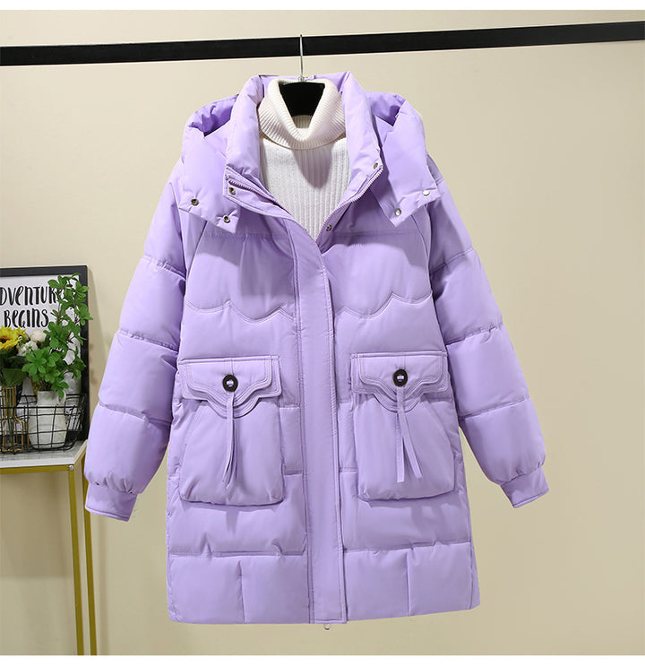 Ladies Long Puffer Jacket with practical hood collar and large pockets Lune London