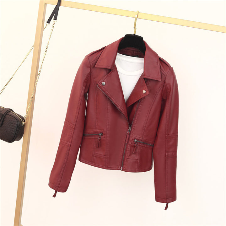 Leather jacket for women with asymmetrical zip and decorative studs Lune London