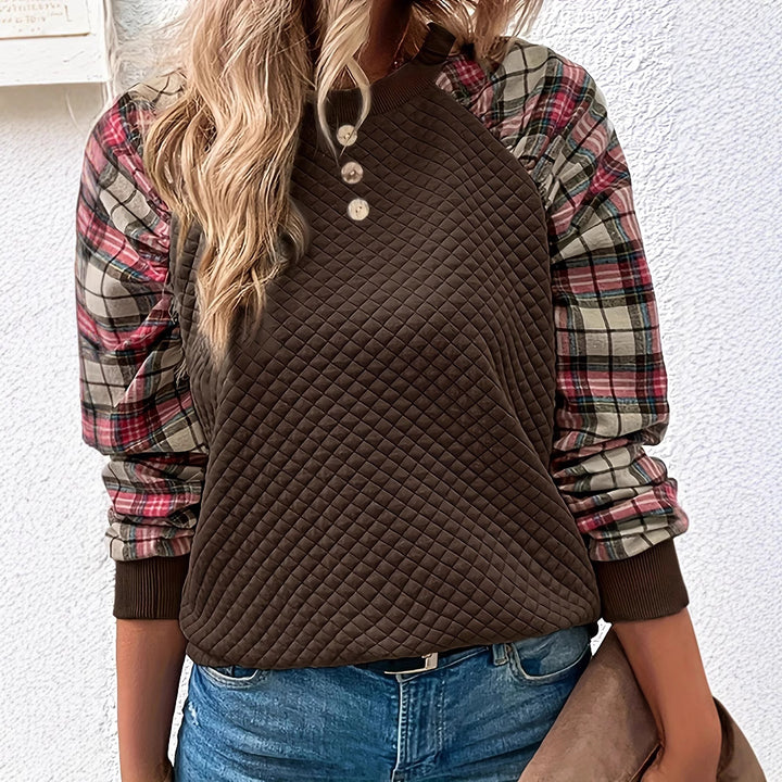 Women's Casual Sweatshirt with Quilted Design and Checkered Sleeves Lune London