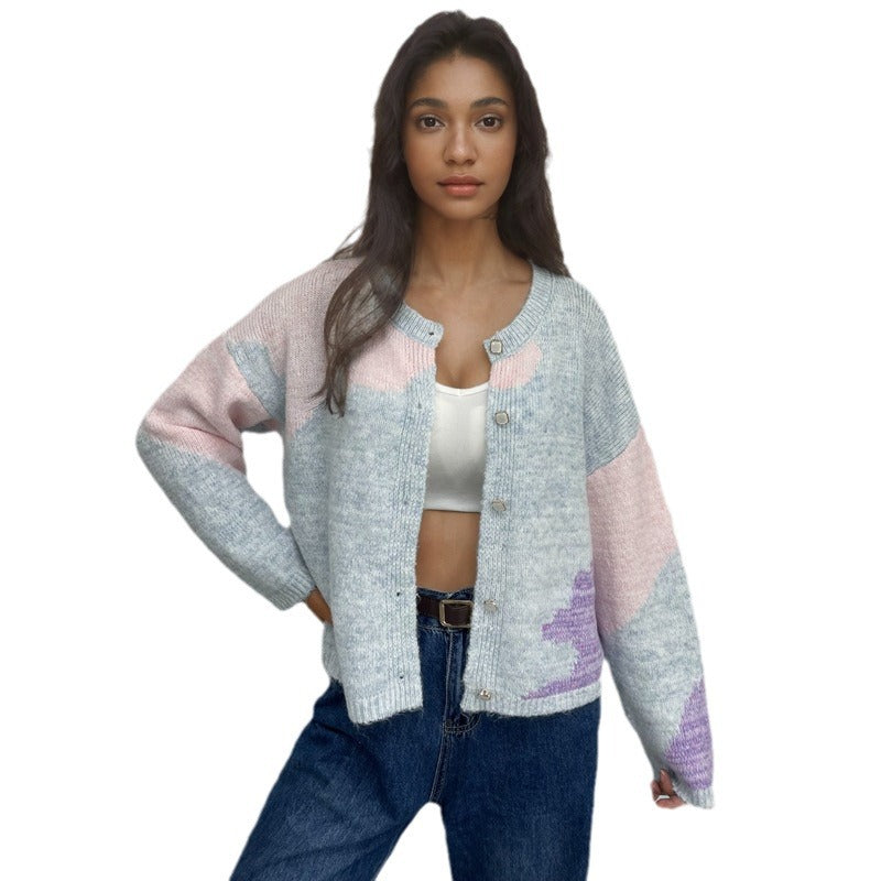 Creative knit sweater for women with asymmetrical neckline and colorful design Lune London