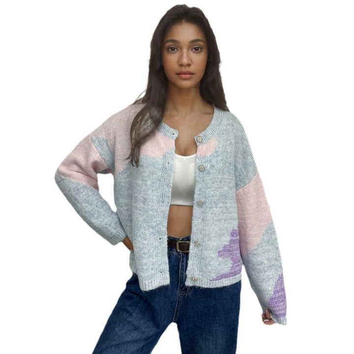 Creative knit sweater for women with asymmetrical neckline and colorful design Lune London