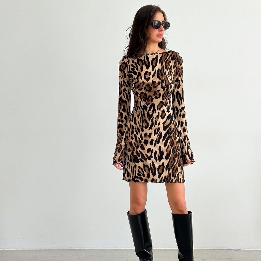Ladies Mini Dress Leopard Print Long Sleeves Lune London