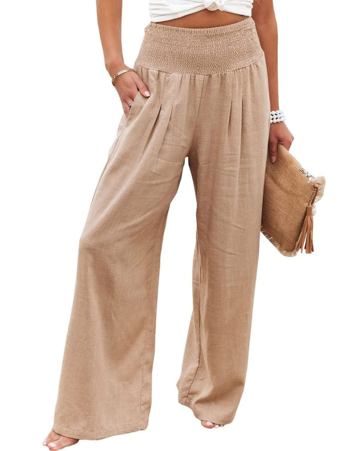 Women's Wide Linen Trousers with Elastic Waistband and Pleats Lune London