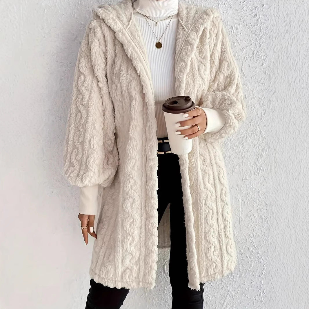 Trendy long jacket for women with hood and texture Lune London