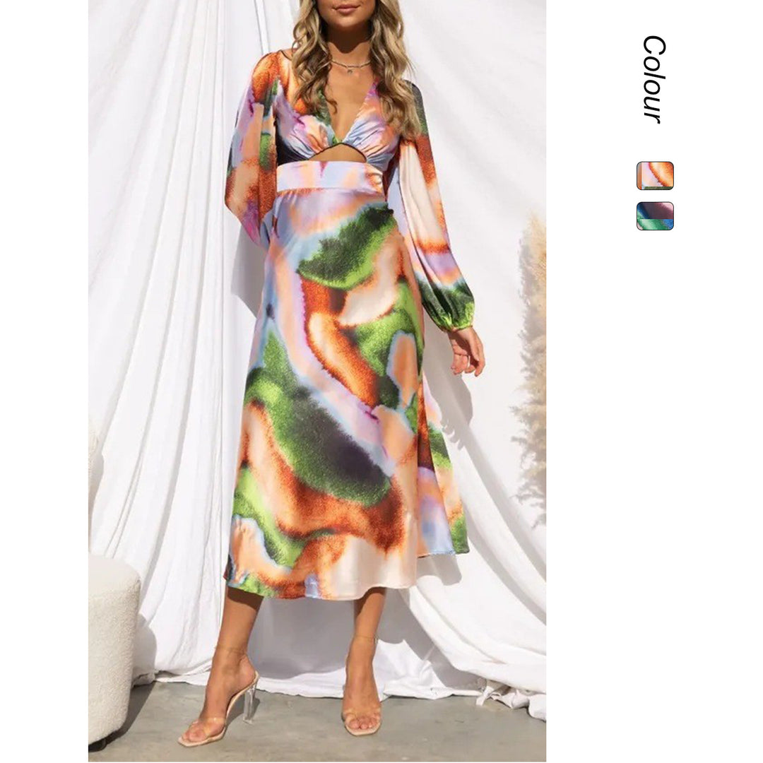 Women's midi dress with innovative cut and colorful pattern Lune London
