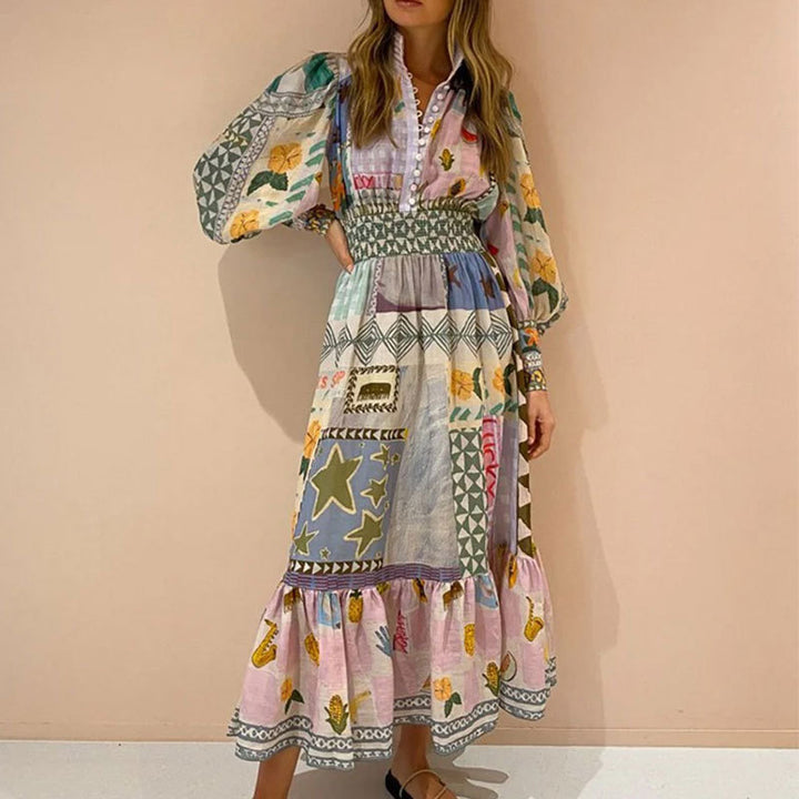 Robe maxi longue pour femme avec motif patchwork coloré et manches volumineuses Chic & Stil