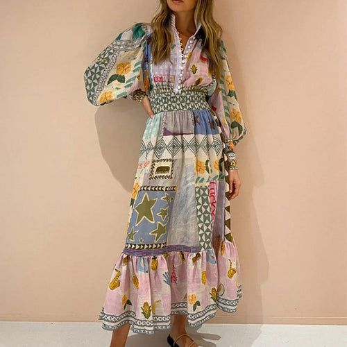 Robe maxi longue pour femme avec motif patchwork coloré et manches volumineuses Chic & Stil