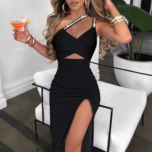 Women's Maxi Dress with Asymmetrical Cut and Elegant Sparkle Details Lune London