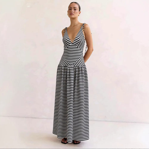 Women's maxi dress with deep V-neck and modern striped pattern Lune London