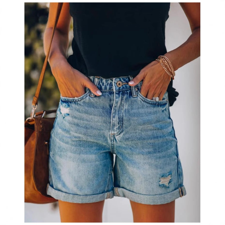 Casual denim shorts for women with rolled hem and distressed details Lune London
