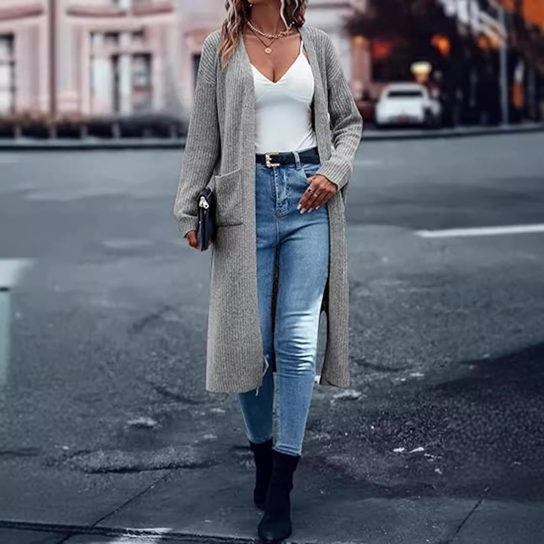 Woman Long knitted cardigan with deep pockets and open cut Lune London