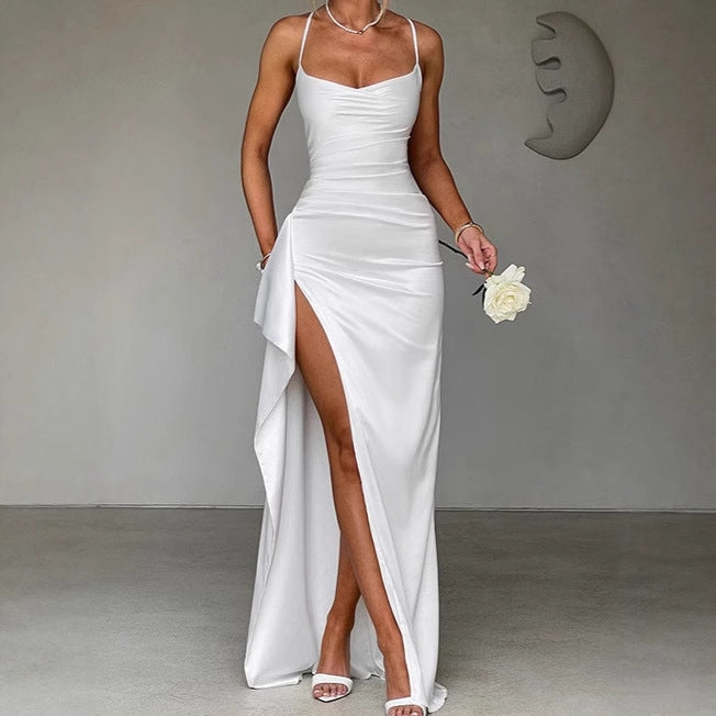 Ladies Elegant Maxi Dress with Side Slit and Chic Thin Spaghetti Straps