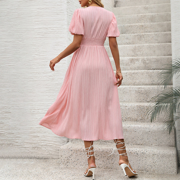 Lune London women's puff sleeve pleated maxi dress with button closure