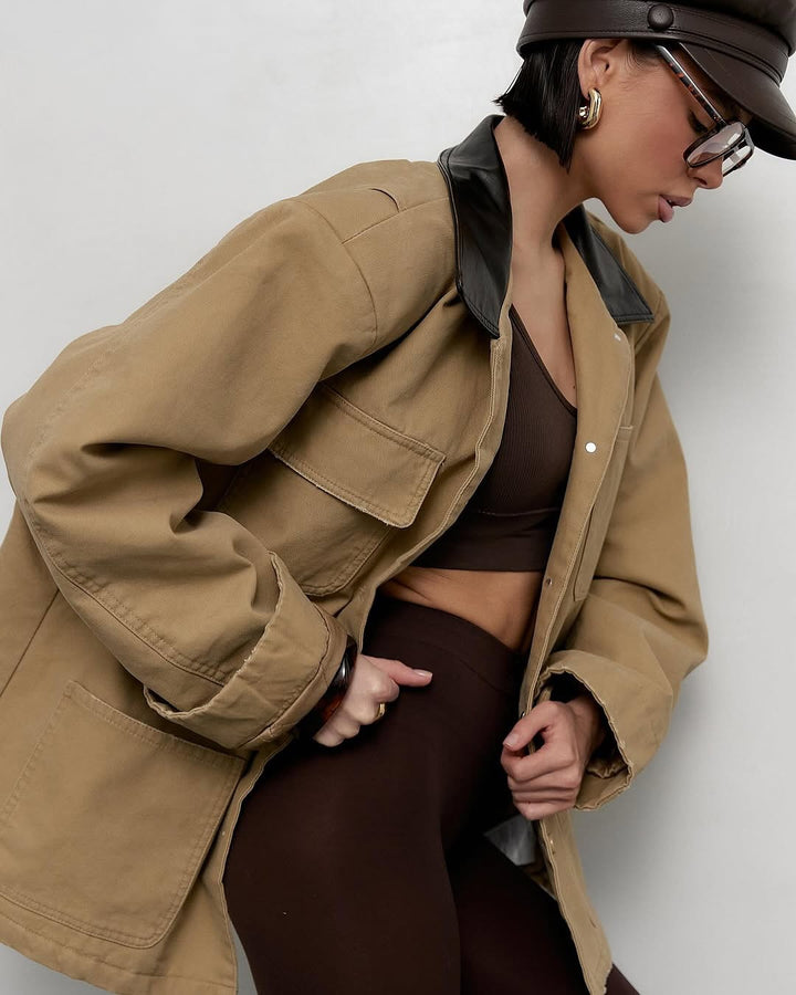 Casual oversized jacket for women with leather collar and practical pockets Lune London