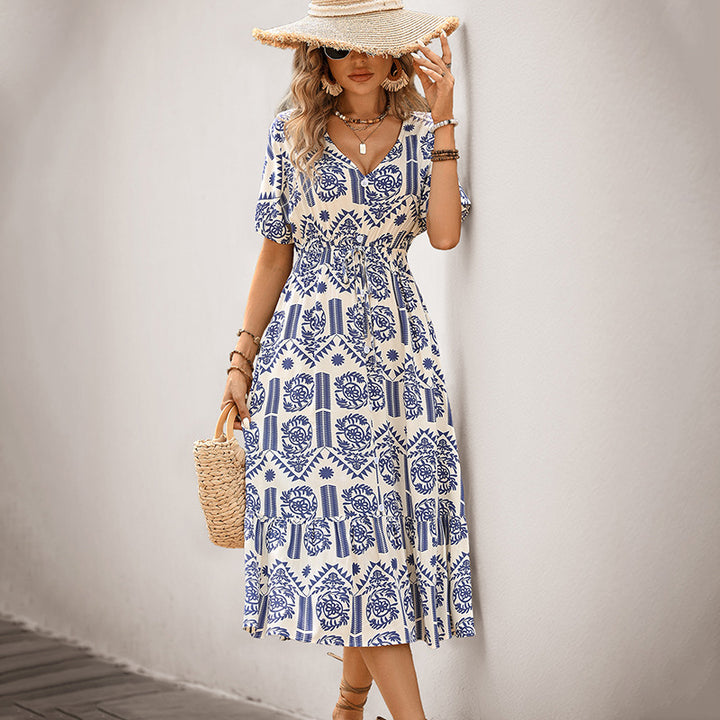 Midi dress for women with drawstring waist and floral pattern Lune London