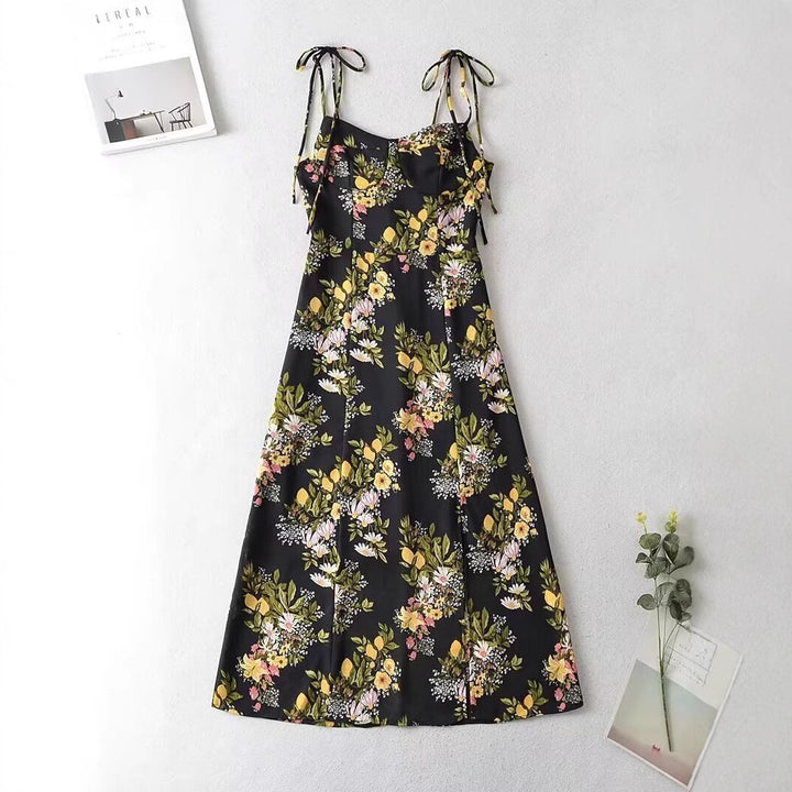 Maxi dress for women with floral design and thin spaghetti straps Lune London