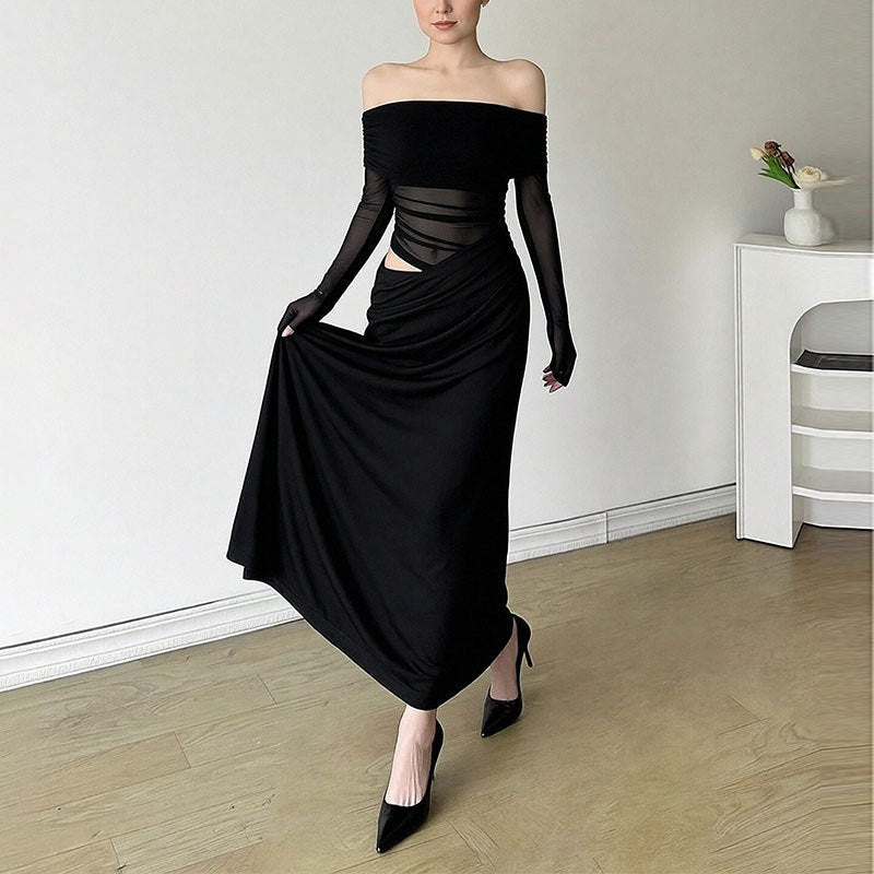 Robe maxi élégante pour femme à épaules découvertes avec détails en volants et manches longues Chic & Stil