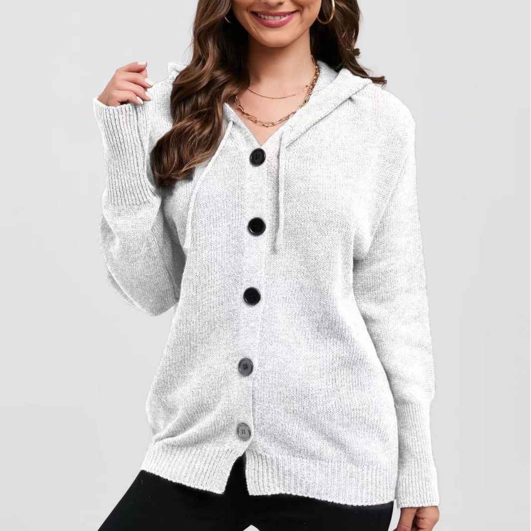 Hooded knit jacket for women with button closure and wide ribbed pattern Lune London