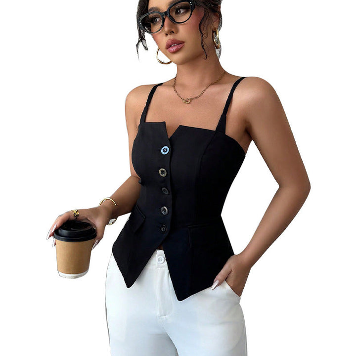 Women's Sleeveless Blouse Top with Tailored Cut and Button Details Lune London