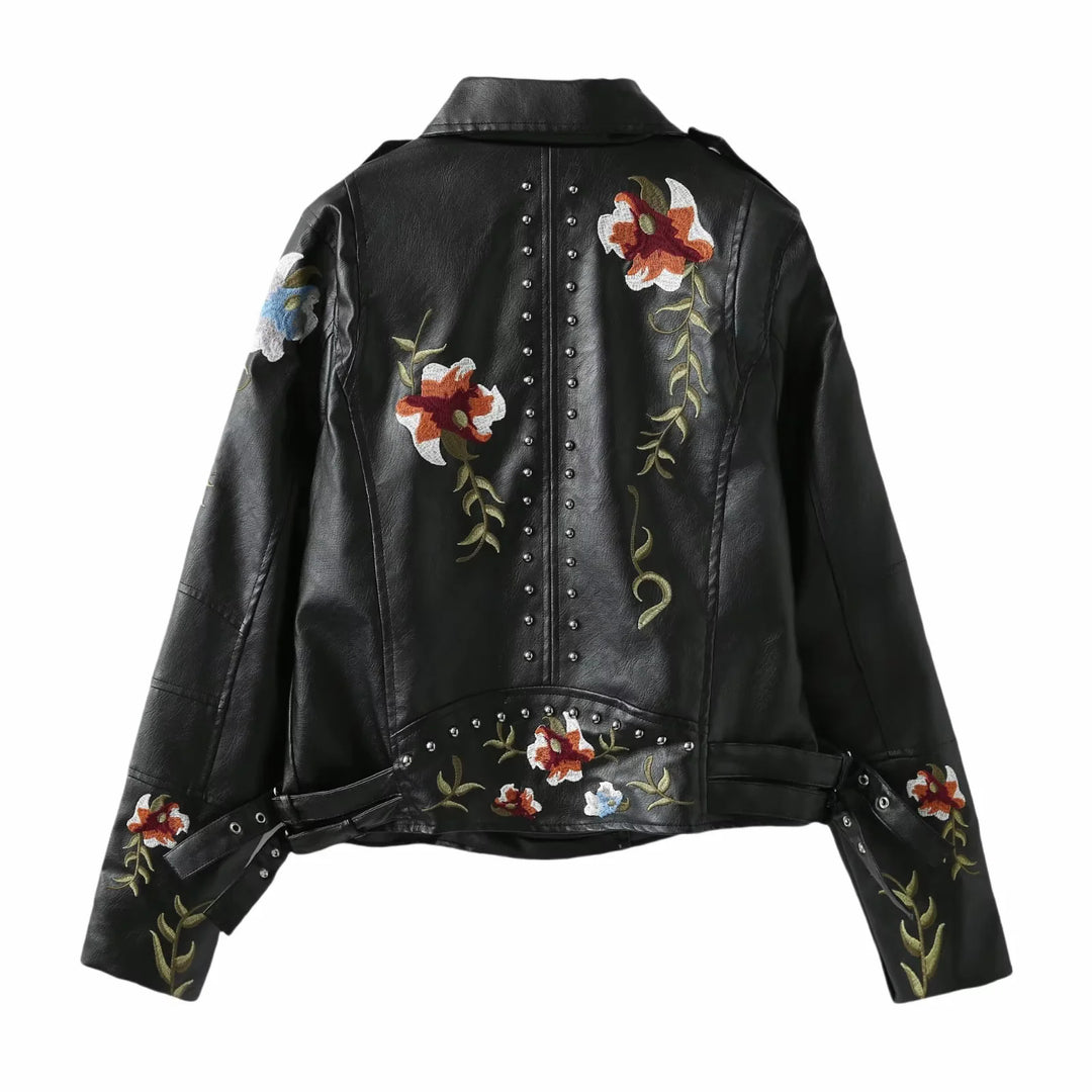 Biker jacket in faux leather for women with embroidered floral design and stud embellishments Lune London
