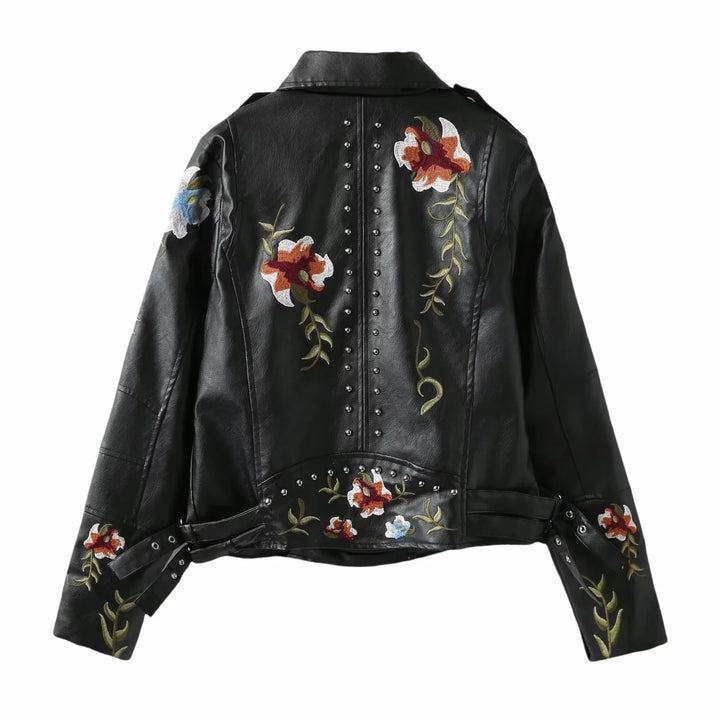 Biker jacket in faux leather for women with embroidered floral design and stud embellishments Lune London