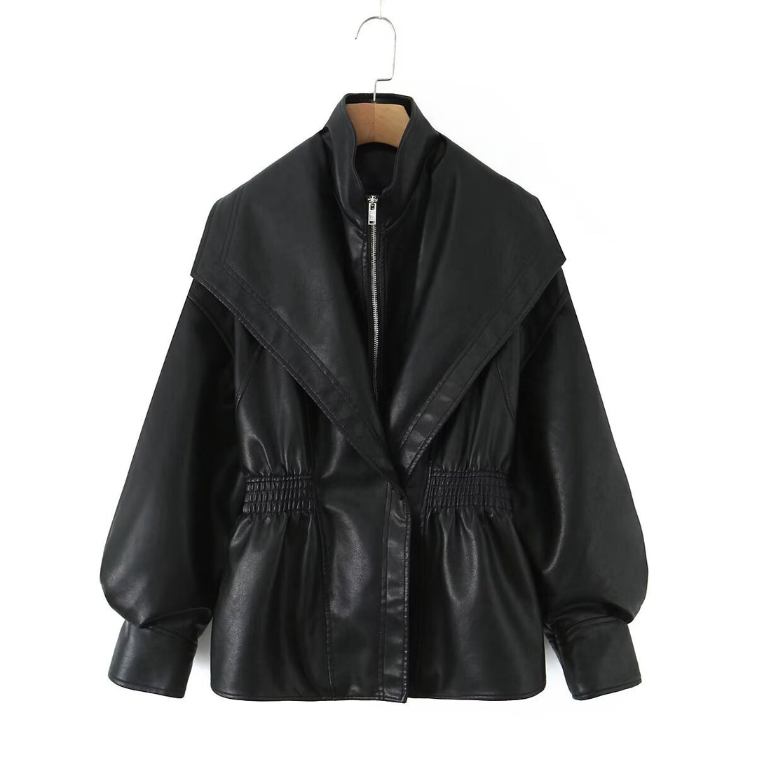 Faux leather jacket for women with asymmetrical collar and fitted cut Lune London