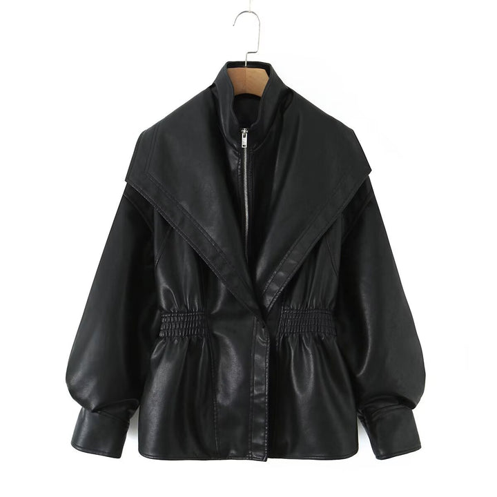 Faux leather jacket for women with asymmetrical collar and fitted cut Lune London