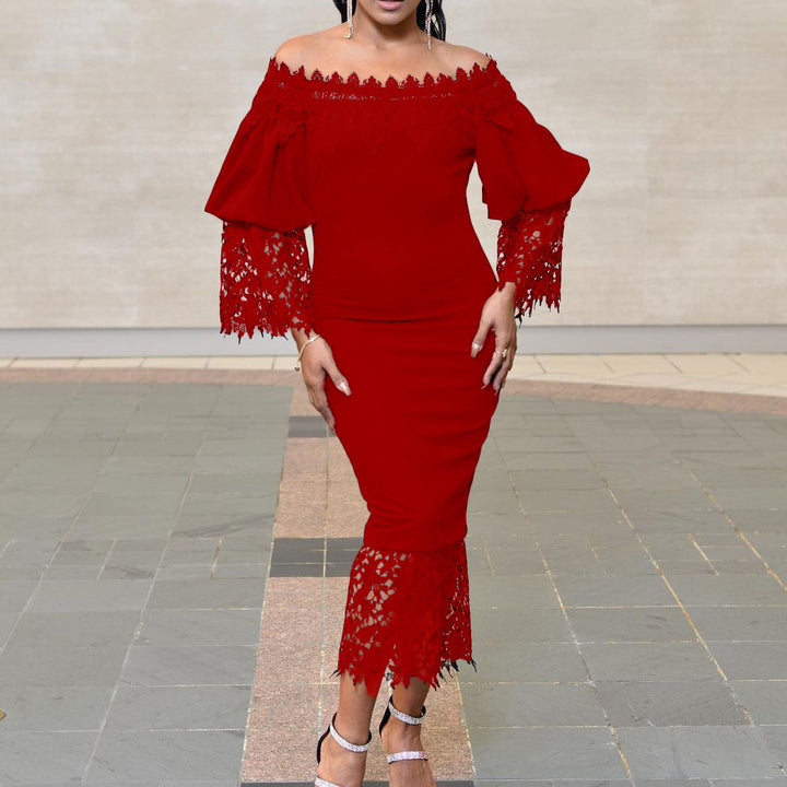 Off-shoulder dress for women with lace sleeves and asymmetrical hem Lune London