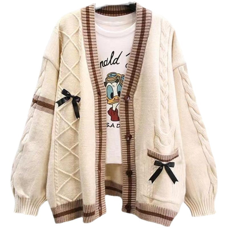 Cardigan tricoté à la mode pour femmes avec motif en couture et nœuds décoratifs