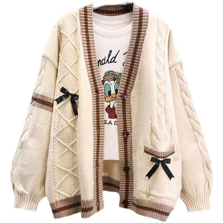 Cardigan tricoté à la mode pour femmes avec motif en couture et nœuds décoratifs