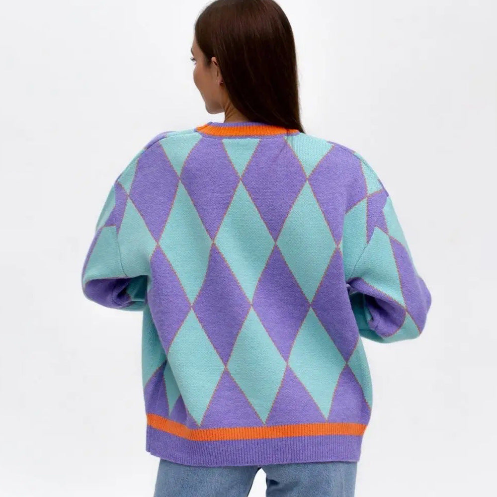 Pull en maille épaisse pour femmes avec motif en forme de diamant et accents de couleur vifs Chic & Stil