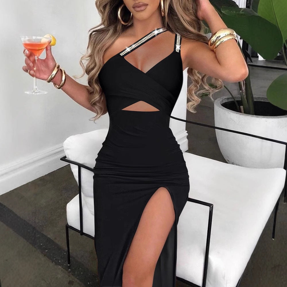 Women's Maxi Dress with Asymmetrical Cut and Elegant Sparkle Details Lune London