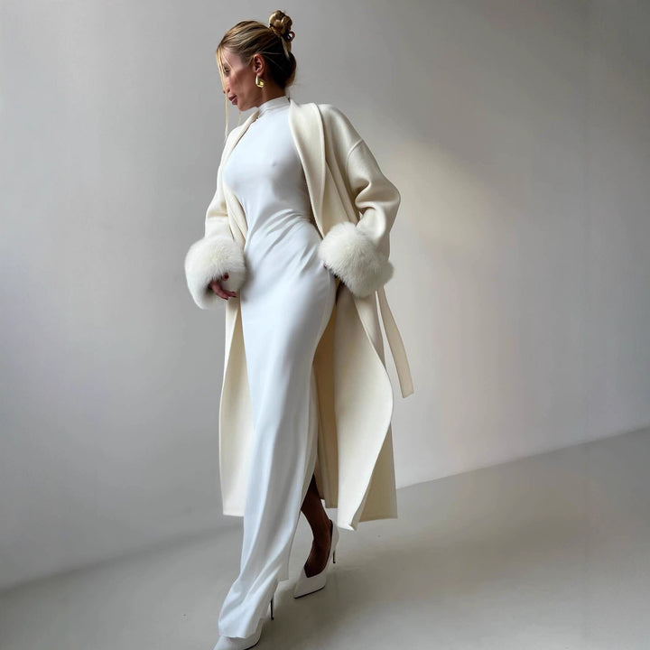Ladies Elegant Long Coat with Removable Fur Sleeves Lune London
