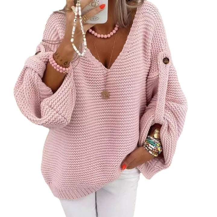 Ladies chunky knit sweater with V-neck Lune London