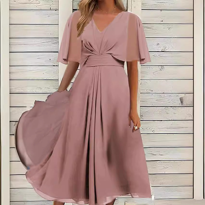 Elegant midi dress for women in flowing fabric with asymmetrical sleeves Lune London
