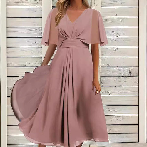 Elegant midi dress for women in flowing fabric with asymmetrical sleeves Lune London