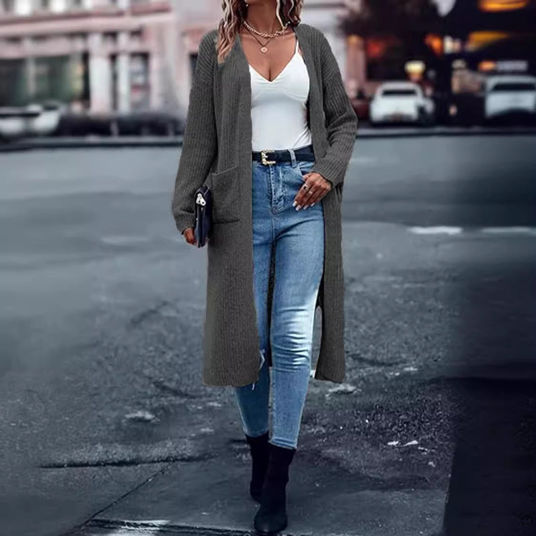 Ladies Long Knit Cardigan with Open Front and Practical Pockets Lune London