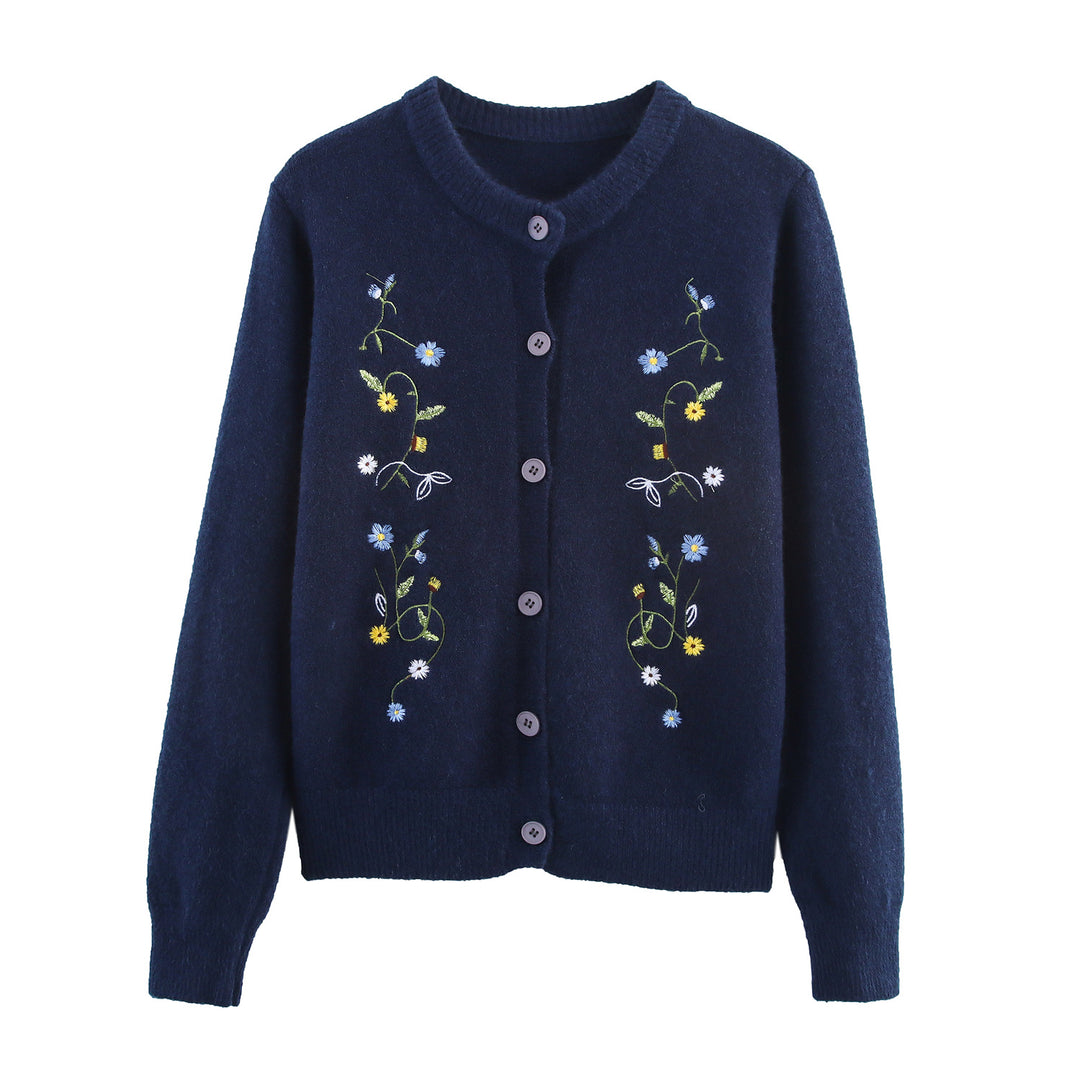Knitted women's jacket with embroidered floral design and decorative buttons Lune London