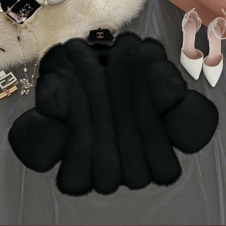 Women Fluffy Faux Fur Coat with Wide Cut Sleeves Lune London