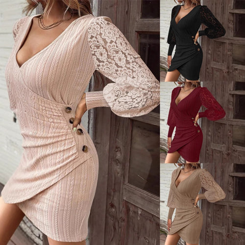 Mini wrap dress for women with lace sleeves and decorative buttons Lune London