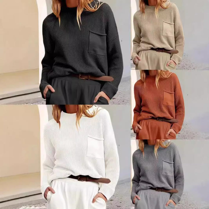 Knitted sweater for women with high collar and chest pocket Lune London